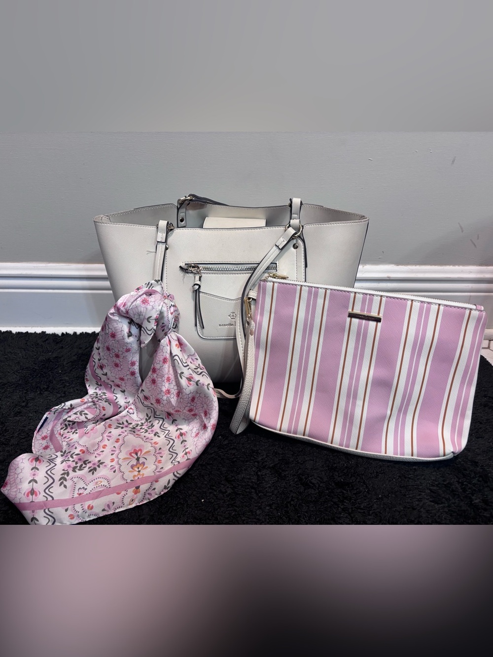 Nanette Lepor 3 Piece Set: White Faux Leather Tote, Striped Pouch, and Scarf
